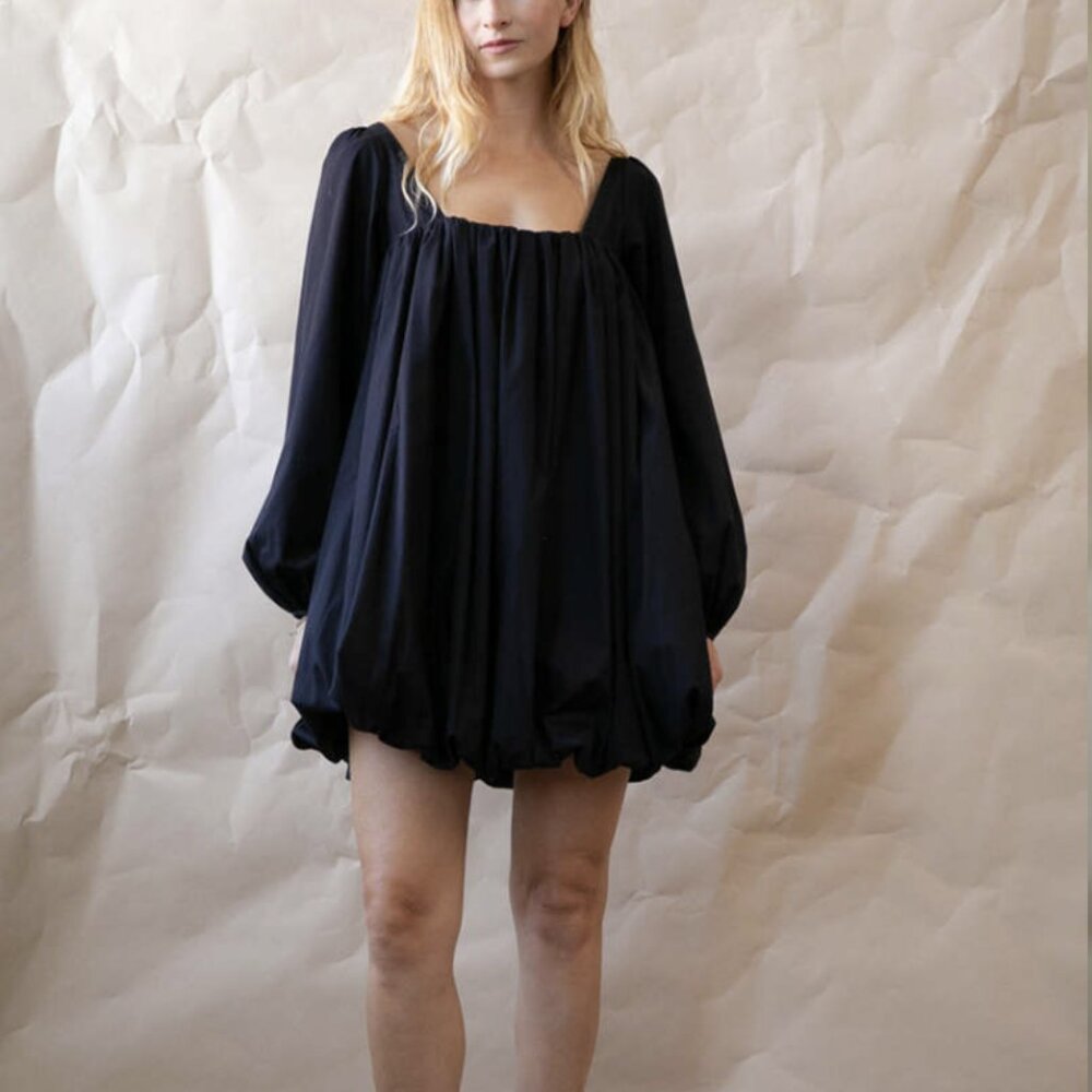 Juliette Fabbri Cait Balloon Mini Bubble Dress Black Cotton Puff Sleeves Size 1